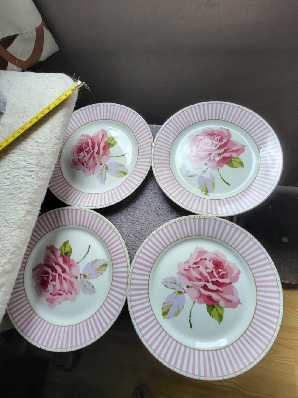 Laura Ashley Bone China Celia Salad/Dessert Plates 8" Pink Rose Striped Set of 4